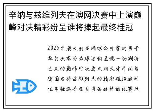 辛纳与兹维列夫在澳网决赛中上演巅峰对决精彩纷呈谁将捧起最终桂冠