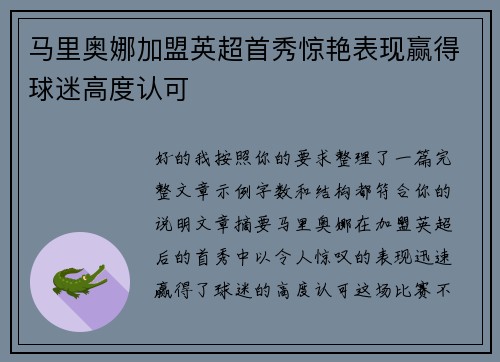 马里奥娜加盟英超首秀惊艳表现赢得球迷高度认可