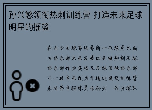 孙兴慜领衔热刺训练营 打造未来足球明星的摇篮