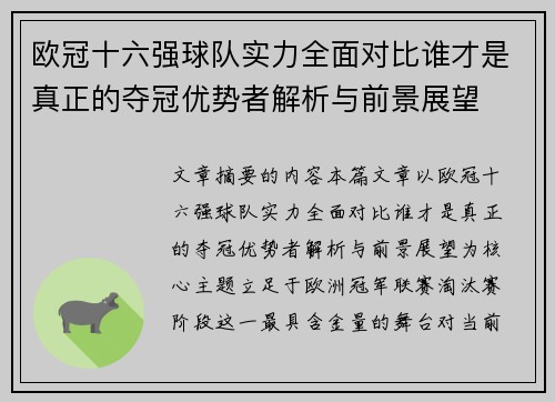 欧冠十六强球队实力全面对比谁才是真正的夺冠优势者解析与前景展望